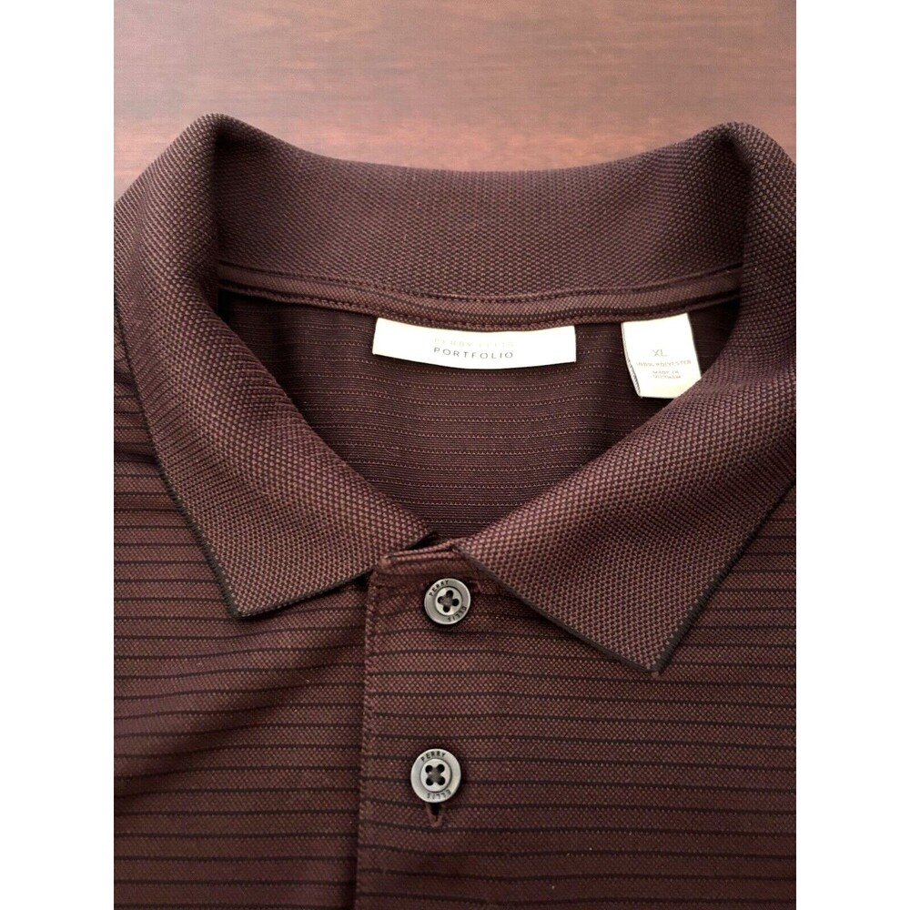Perry Ellis Portfolio Polo Shirt Adult XL Burgundy w thin black stripes Holiday
